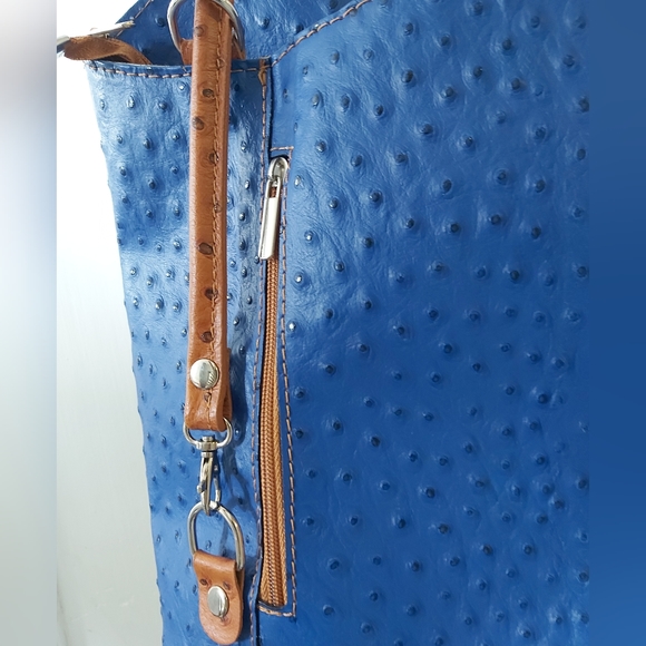 Borse in Pelle Italian Ostrich Leather Tote/Backpack Royal Blue and Tan - Picture 7 of 14